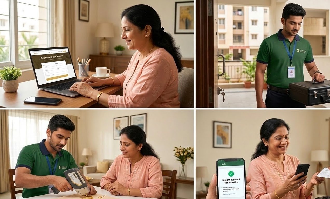 Four-panel sequence: booking online, evaluator arriving with kit, on-site XRF testing, instant payment confirmation