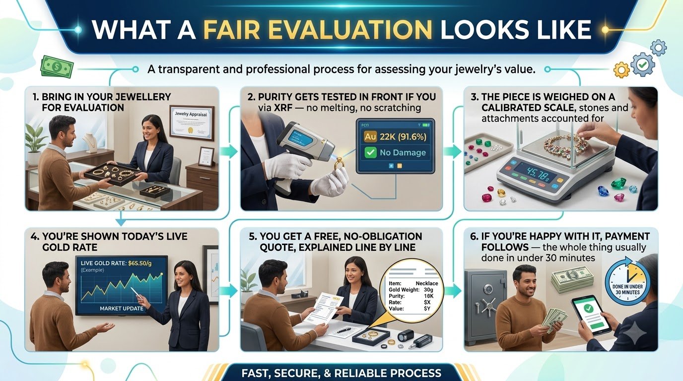 Six-step process: bring jewellery, test purity via XRF, weigh on calibrated scale, see live rate, get itemised quote, get paid